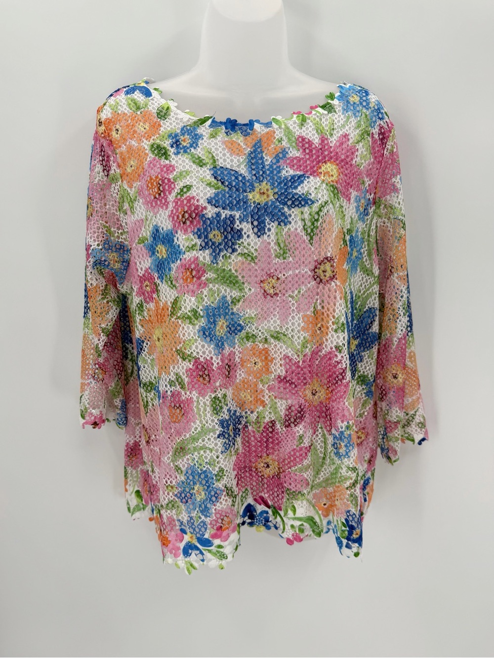 Alfred Dunner Top Women’s M Floral Mesh 3/4 Sleeves Cottage Boho Pullover Spring